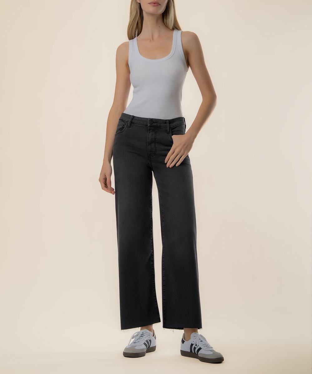 Kut from the Kloth Meg Jeans Womens Fab Ab Wide Leg High Rise Fray Hem Black 2